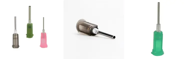 Precision aluminum hub dispensing tip featuring a steel pipe connected by aluminum inlay riveting, for durable and corrosion-resistant adhesive dispensing