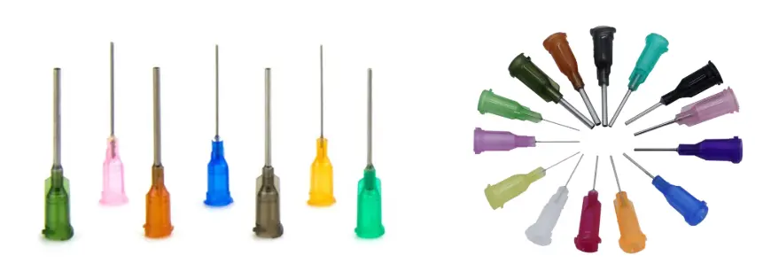 A blunt-tip dispensing needle with a rounded, non-sharp end to prevent punctures and protect sensitive substrates during fluid application.