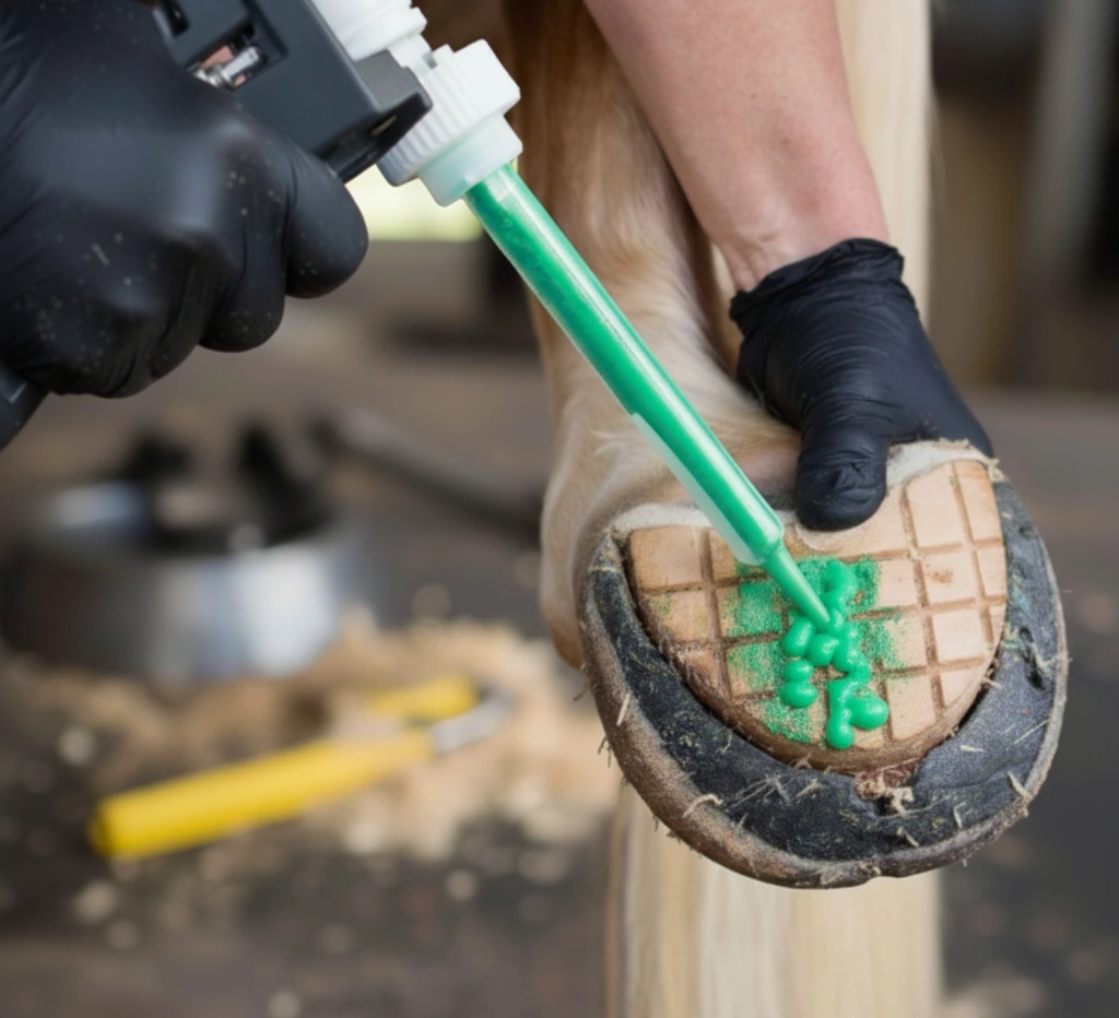 A farrier applying two-component adhesive with a static mixing nozzle to a horse’s hoof for precise hoof care repair and reinforcement.