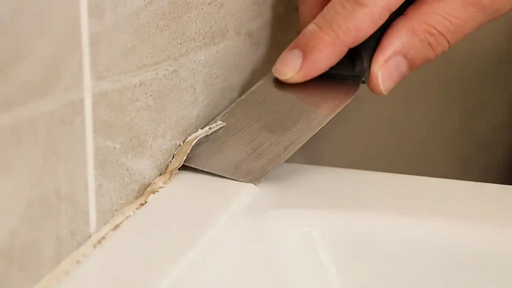 Hand scraping old caulk from a tile joint with a putty knife before cleaning the surface and applying a new bead.