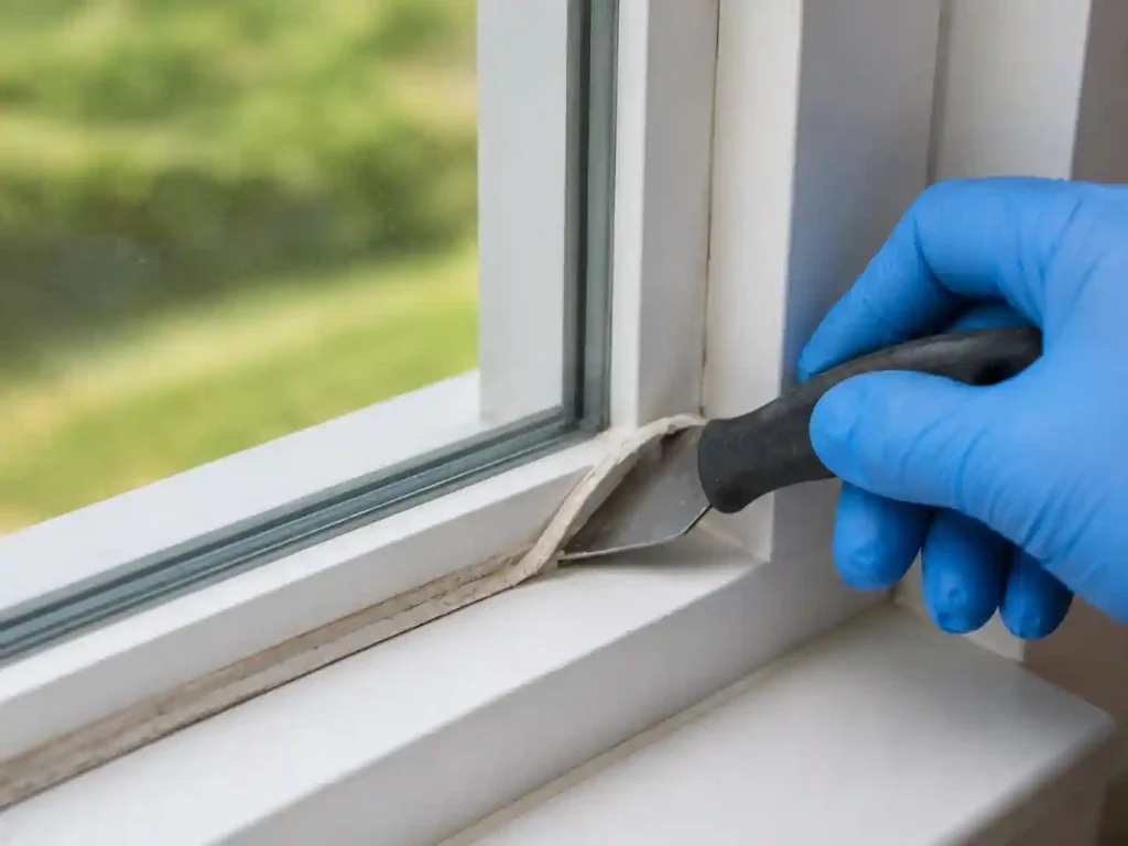 Removing old silicone caulk from a window frame with a scraper