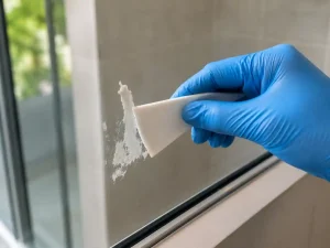 Removing silicone residue from glass with a plastic scraper