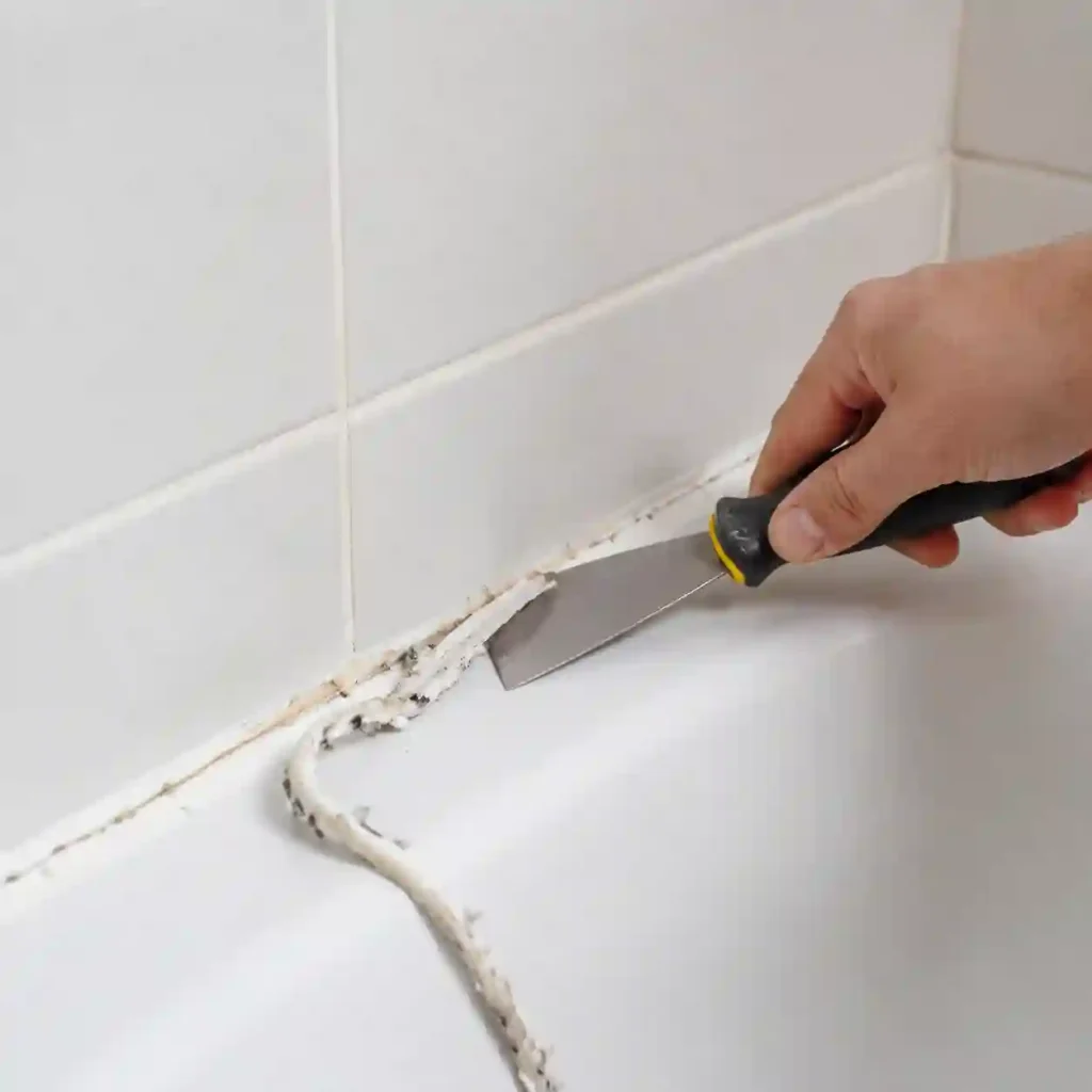 Hand using a scraper to remove old caulk from the joint between a bathtub and tile wall before re-caulking.