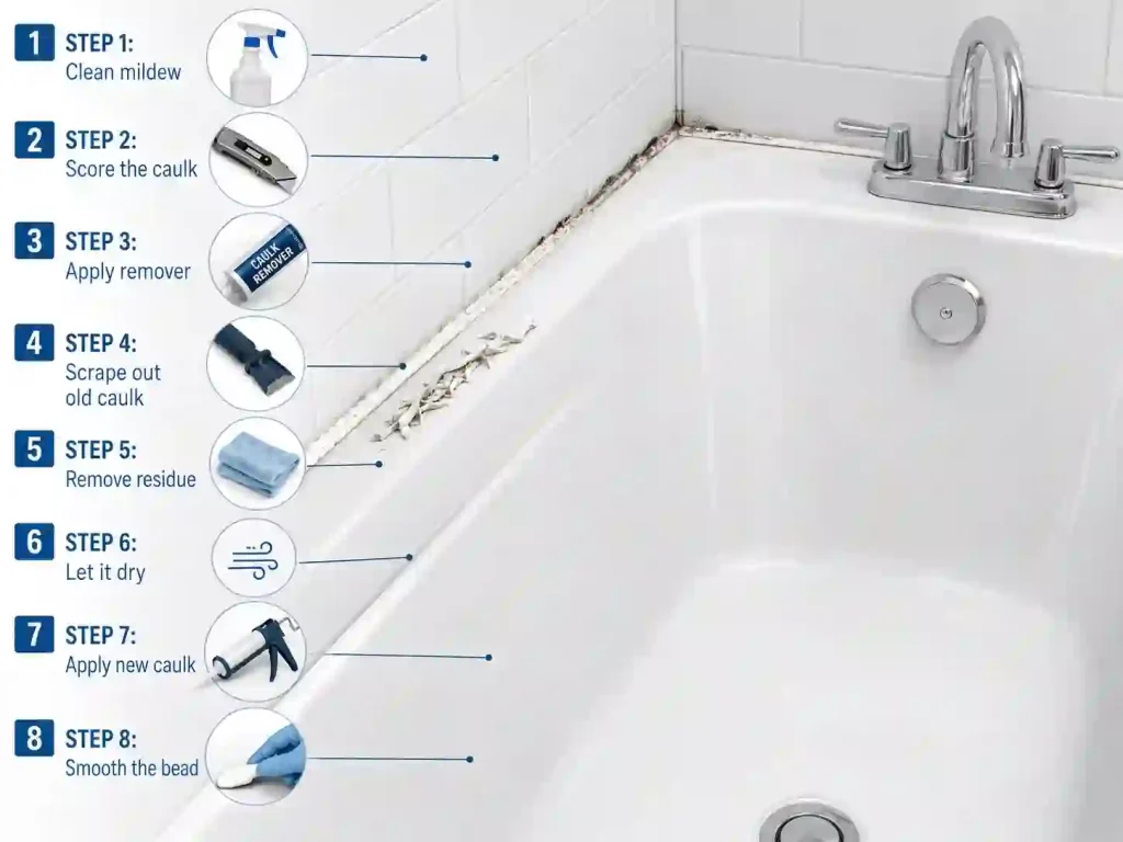 Step-by-step bathroom caulk removal and re-caulking process showing mildew cleaning, old caulk scraping, residue removal, drying, and applying a fresh bead around a bathtub.