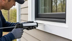 Applying exterior window caulk with a manual caulking gun along the window frame and trim joint