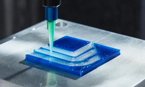 Tapered dispensing tip delivering high-viscosity industrial sealant in a controlled, thick coating pattern on test substrate – btektech Tapered Tips ideal for Industrial Sealants & Thick Fluid Coating