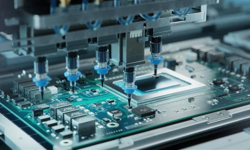 Automated dispensing system with blue-tipped needles precisely applying adhesive or solder paste onto a green printed circuit board during SMT assembly, showcasing Btektech's expertise in electronics manufacturing solutions