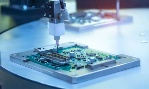 Needle dispensing tiny dots of adhesive or underfill on electronic PCB